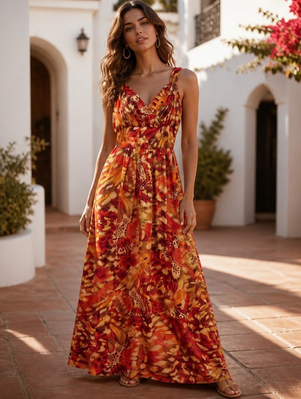 Doncaster Red and Yellow V-Neck Sleeveless Maxi Dress